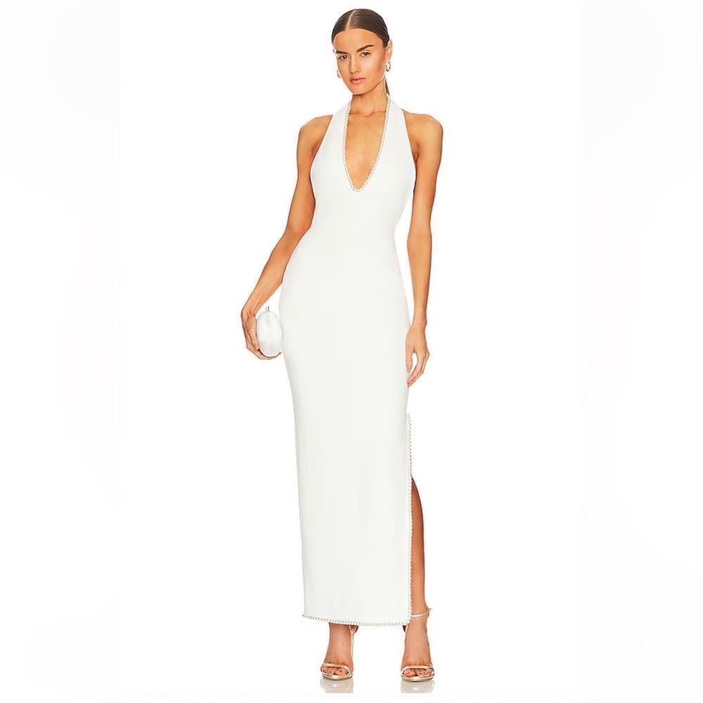 Khanums Khilan Pearl Trim Maxi Dress Chic White Halter Stretch Revolve L